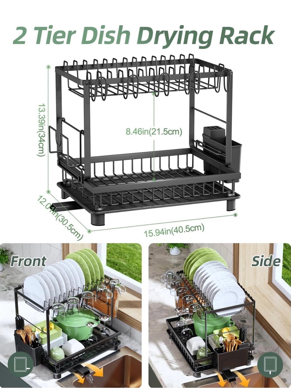 2-Tier Black Dish Drying Rack with Utensil Holder